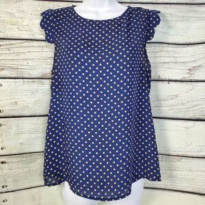 Papermoon Women’s Navy Blue Polka Dot Ruffle Sleeve Blouse Size S Keyhole Back